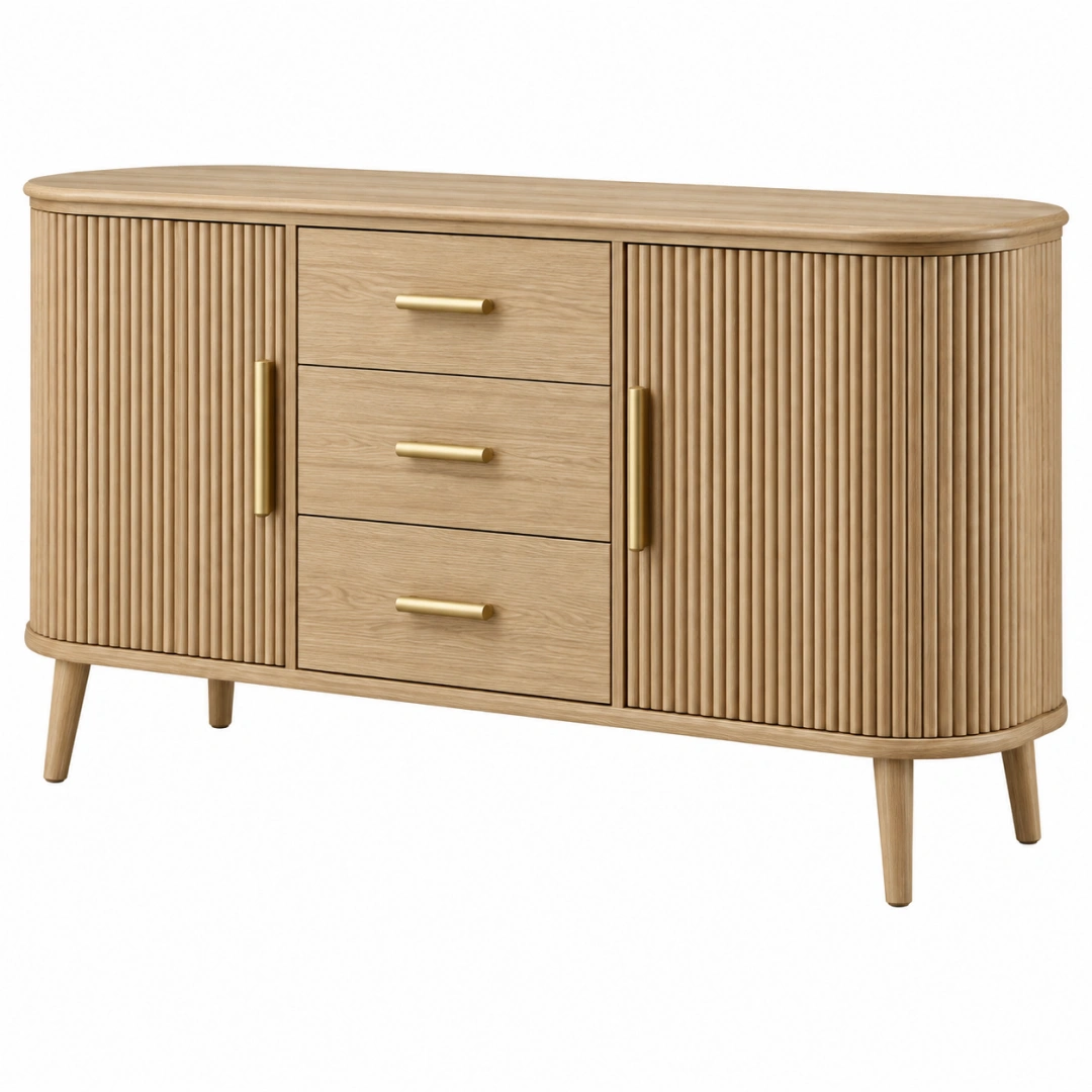 Aparador 140 x 40 x 80 cm de madera natural con 3 cajones y 2 puertas estilo acanalado