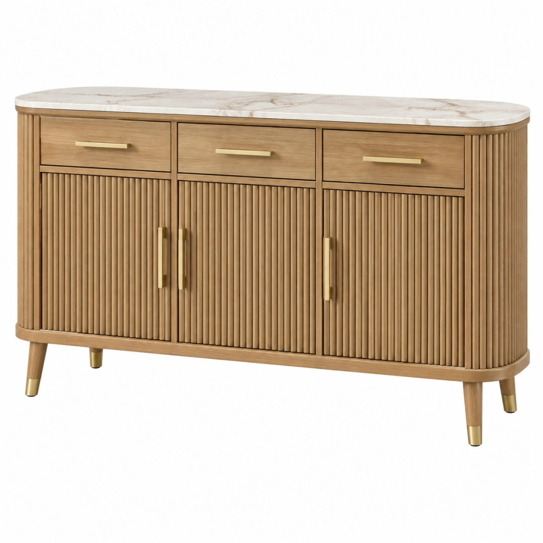 Aparador 160 x 45 x 85 cm de madera beige con encimera efecto mármol y almacenaje
