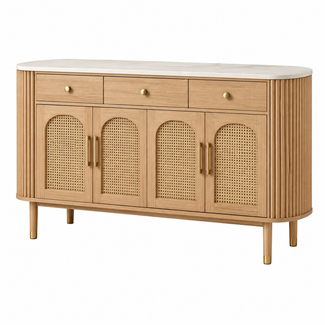 Aparador 160x45x85 cm de madera natural con ratán y superficie efecto mármol