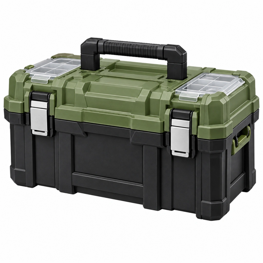 Caja de herramientas 55 cm de plástico verde y negro con compartimentos y asa portátil