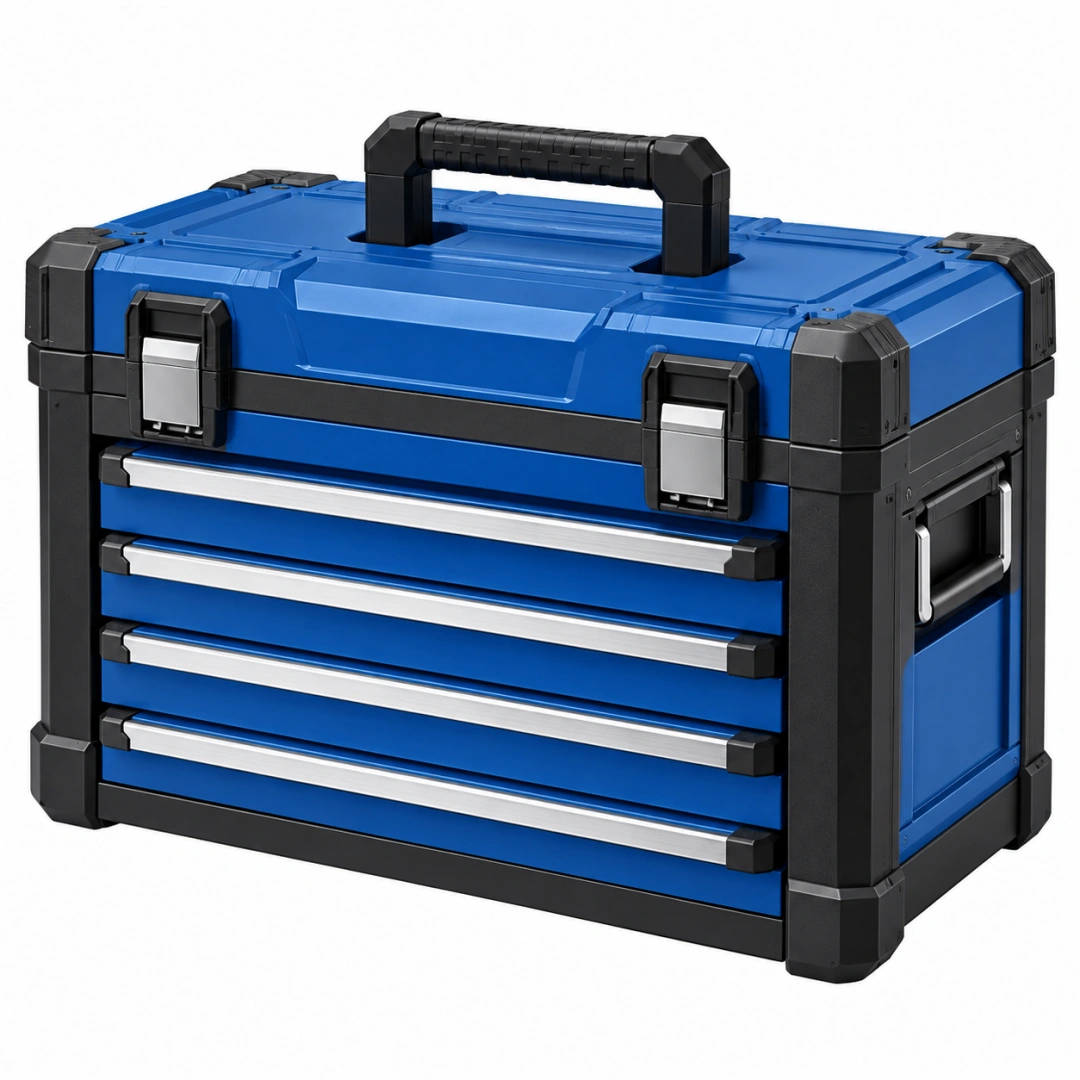 Caja de herramientas 50 x 30 x 40 cm de plástico azul y negro con 4 cajones y asa portátil