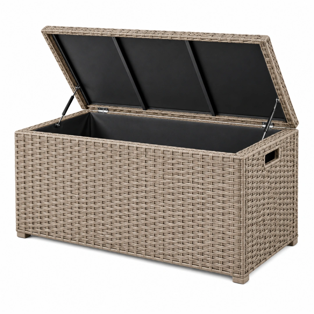 Baúl de almacenaje exterior 120 x 60 x 65 cm de ratán sintético beige con tapa abatible