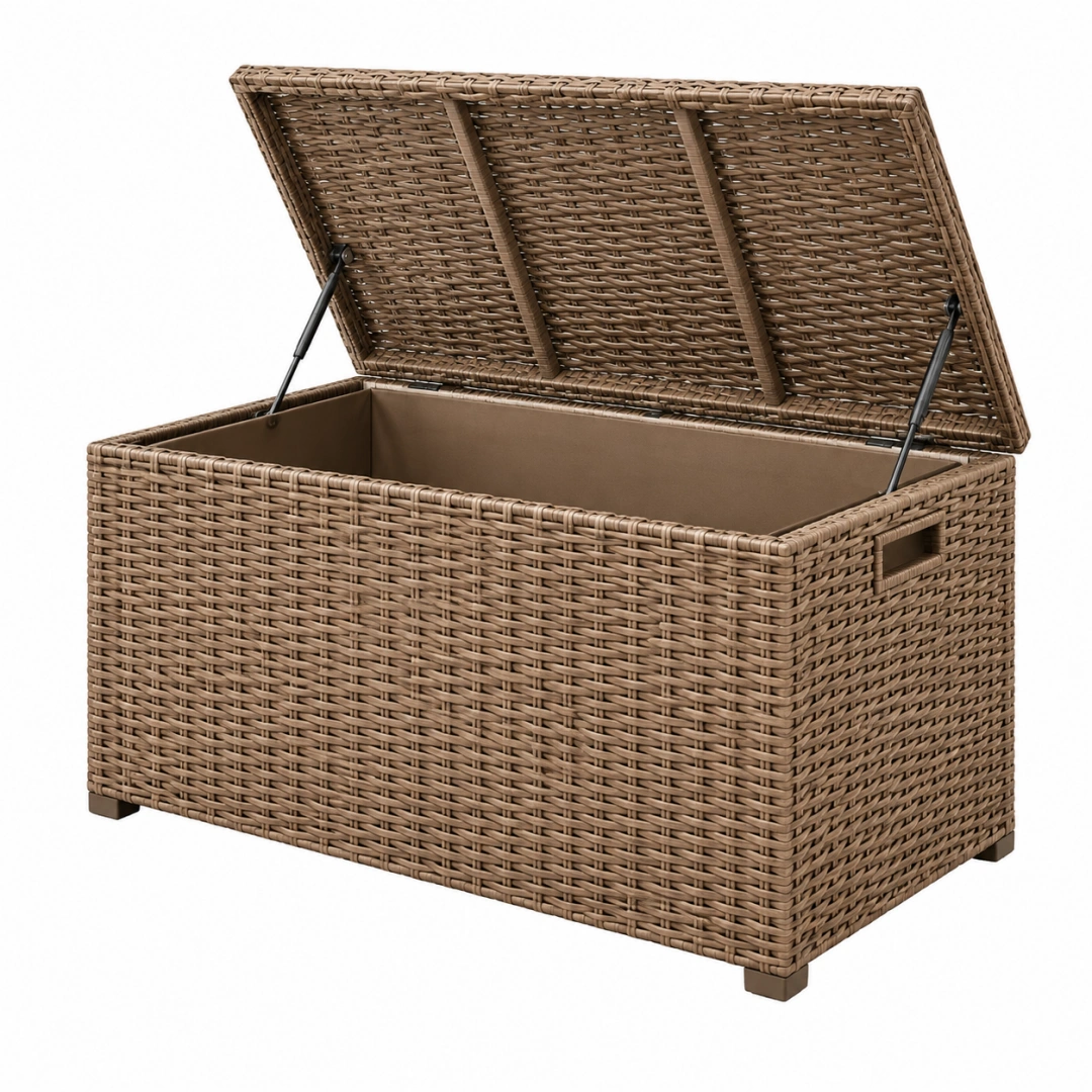 Baúl de almacenamiento 120 x 50 x 60 cm de ratán sintético marrón para exterior con tapa elevable