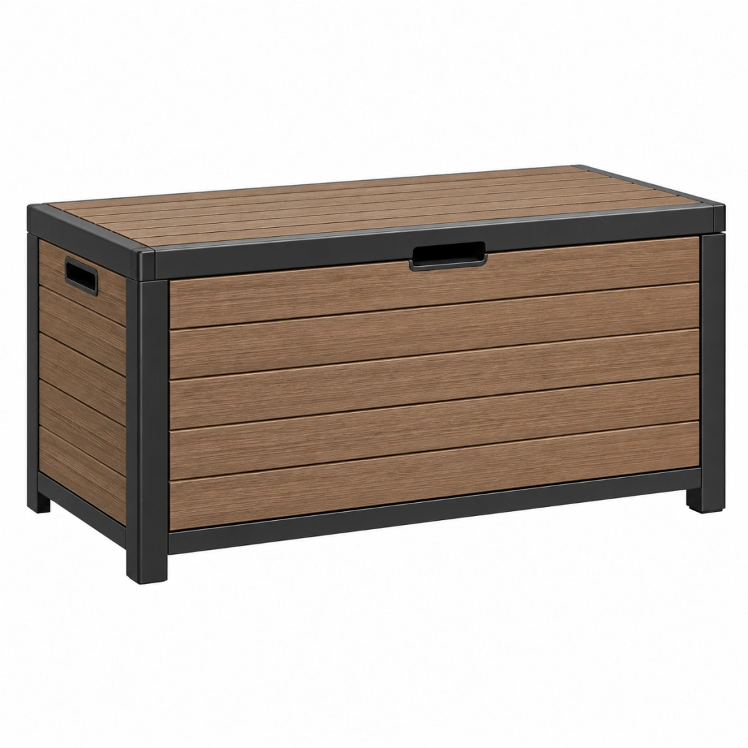 Arcón de exterior 120 x 60 x 65 cm de madera y metal marrón negro con tapa