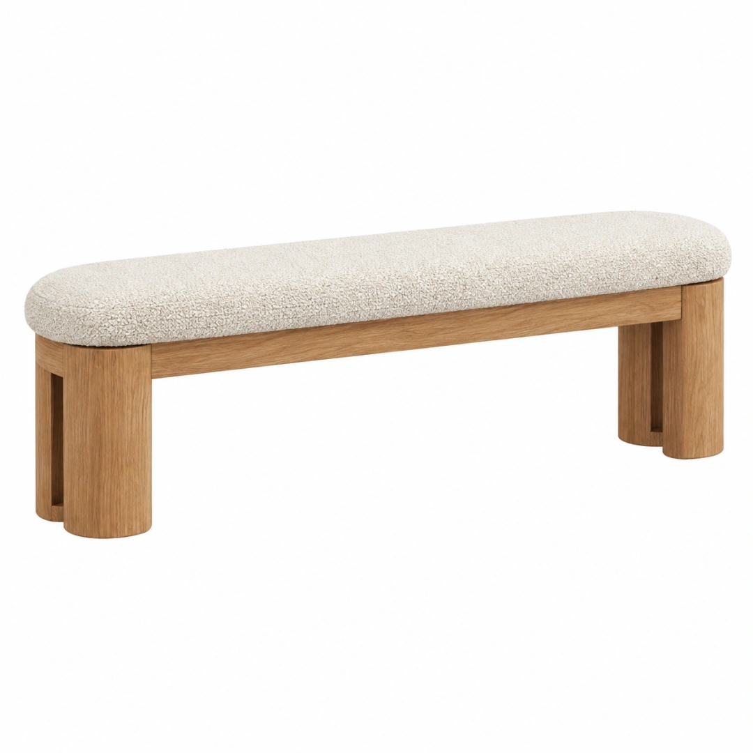 Banco 120 x 40 x 45 cm de madera acabado roble con asiento bouclé beige estilo contemporáneo