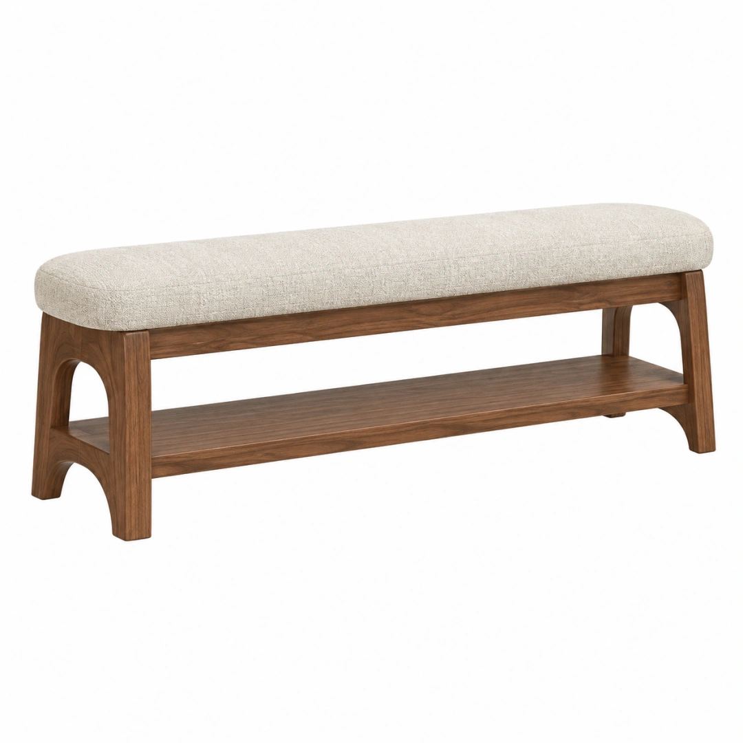 Banco 120 x 40 x 50 cm de madera marrón y tejido beige con estante estilo moderno