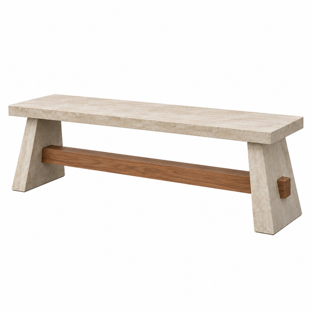 Banco 180 x 40 x 45 cm de piedra beige y madera tono nogal estilo contemporáneo