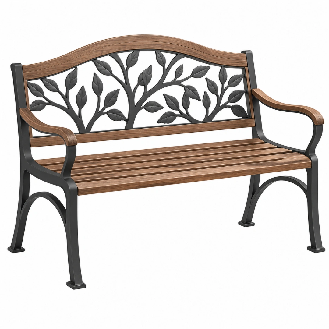 Banco de jardín 125 x 60 x 90 cm de metal negro y acabado madera con respaldo de hojas