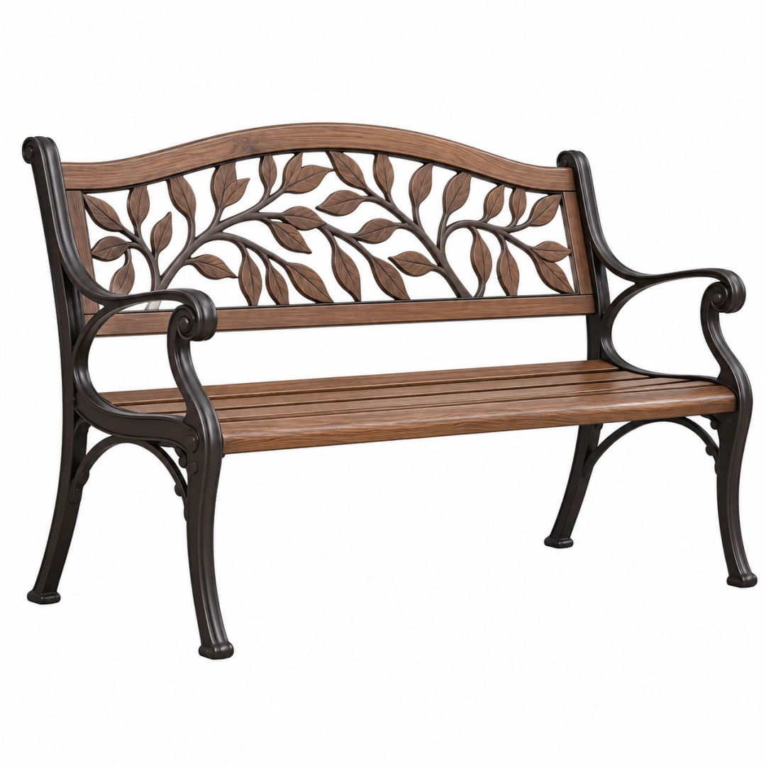 Banco de jardín 122 x 61 x 91 cm de metal marrón con respaldo de hojas estilo clásico