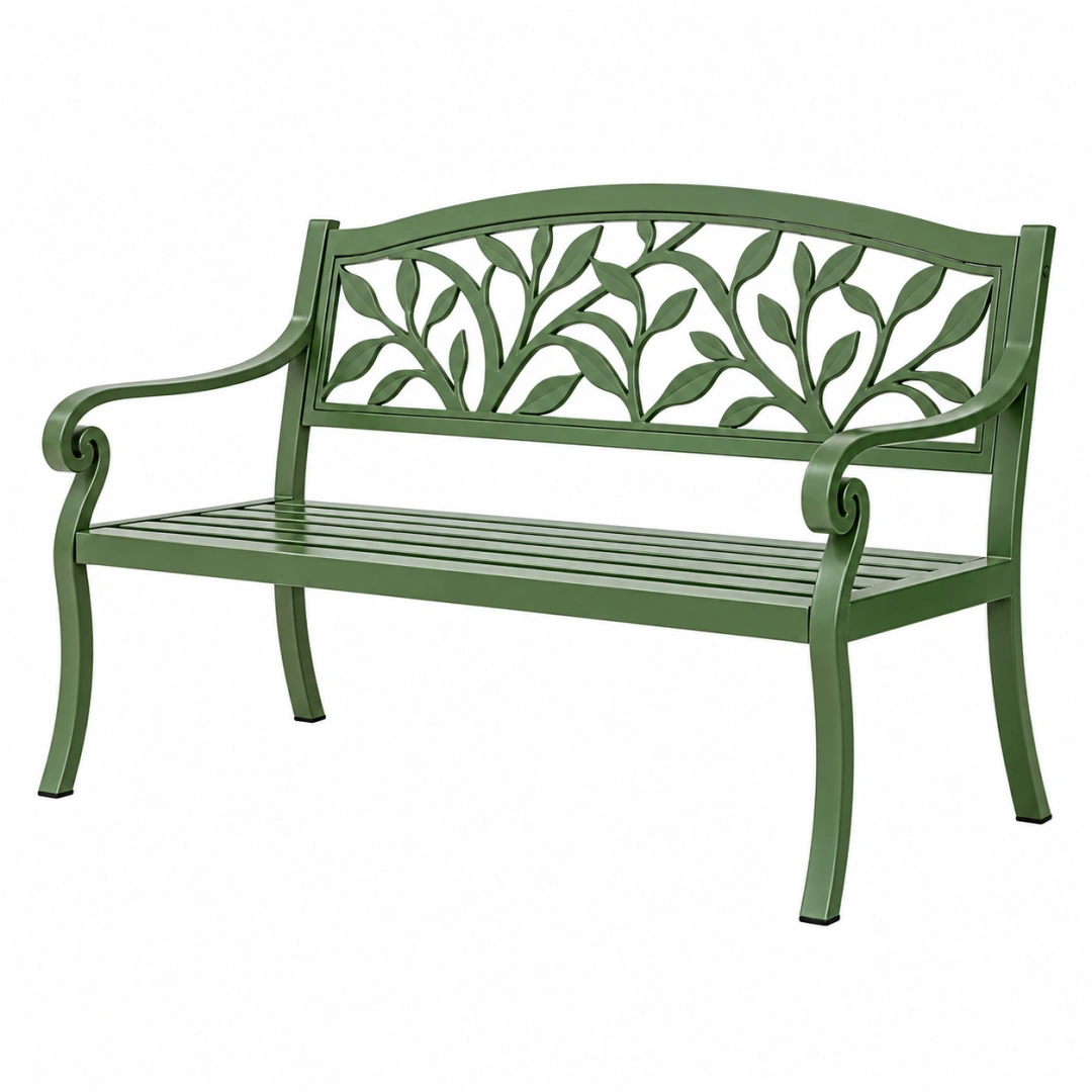 Banco de jardín 122 x 60 x 90 cm de metal verde con respaldo de hojas