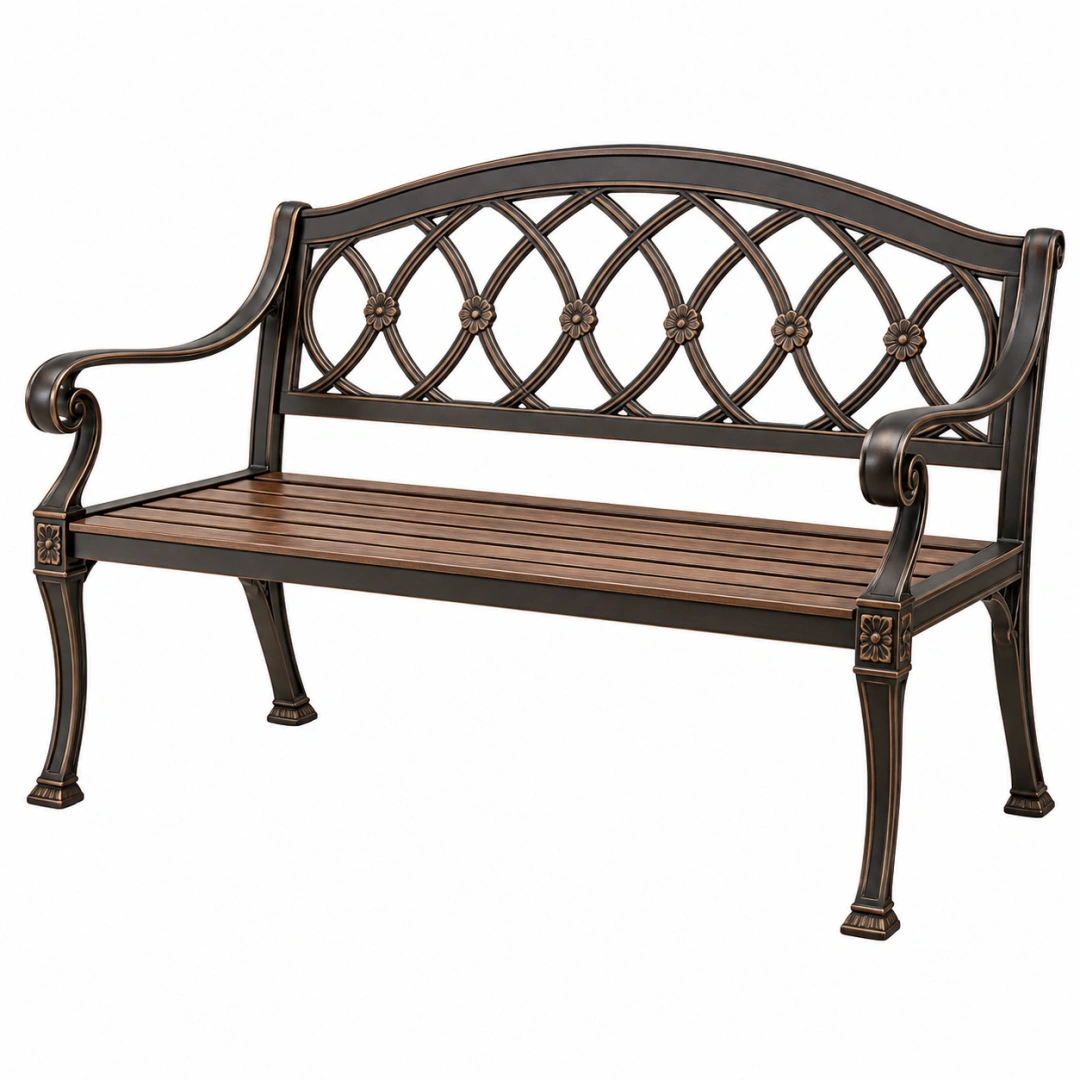 Banco de jardín 127 x 61 x 91 cm de metal negro y bronce con respaldo ornamental