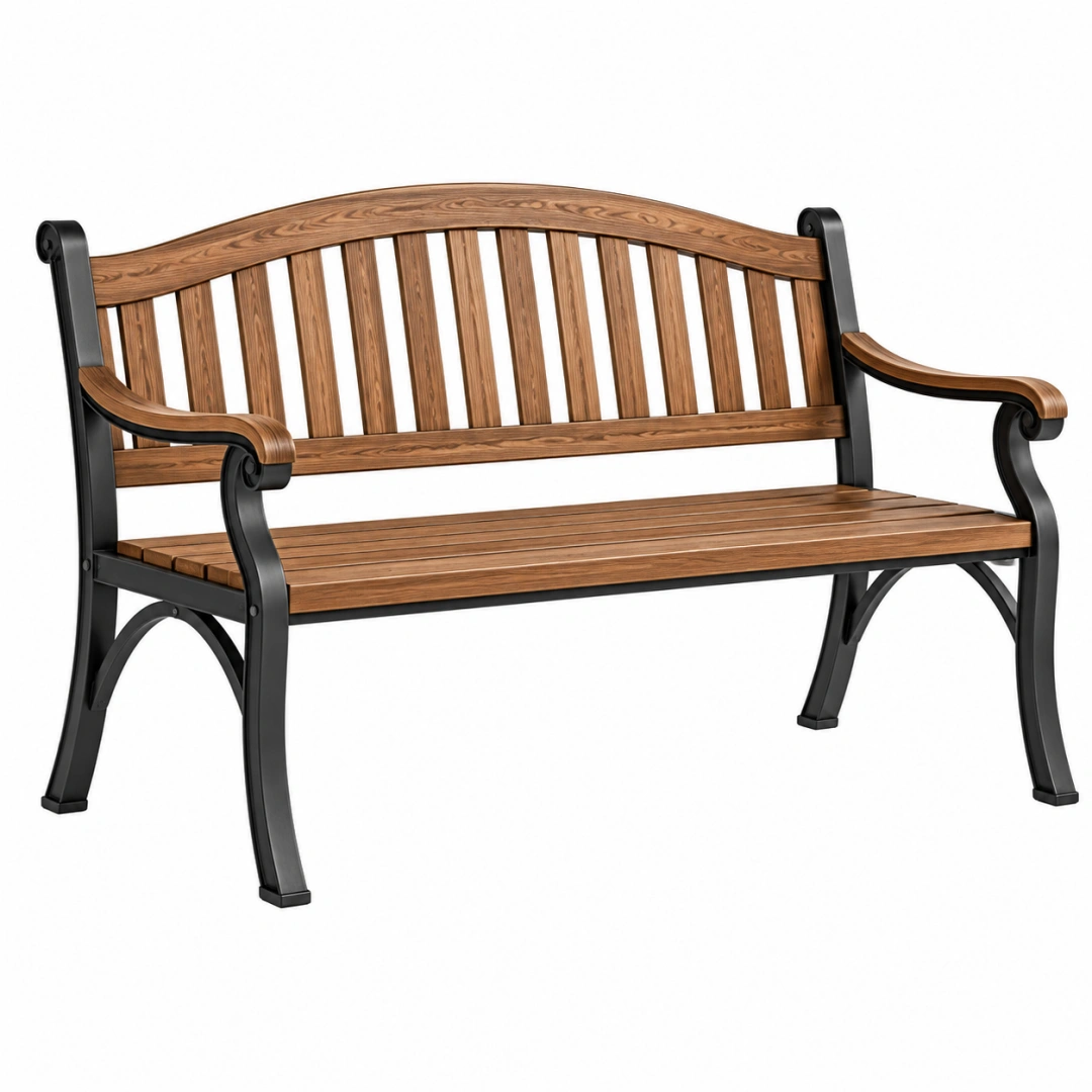 Banco de jardín 125 cm de madera y metal marrón negro con respaldo