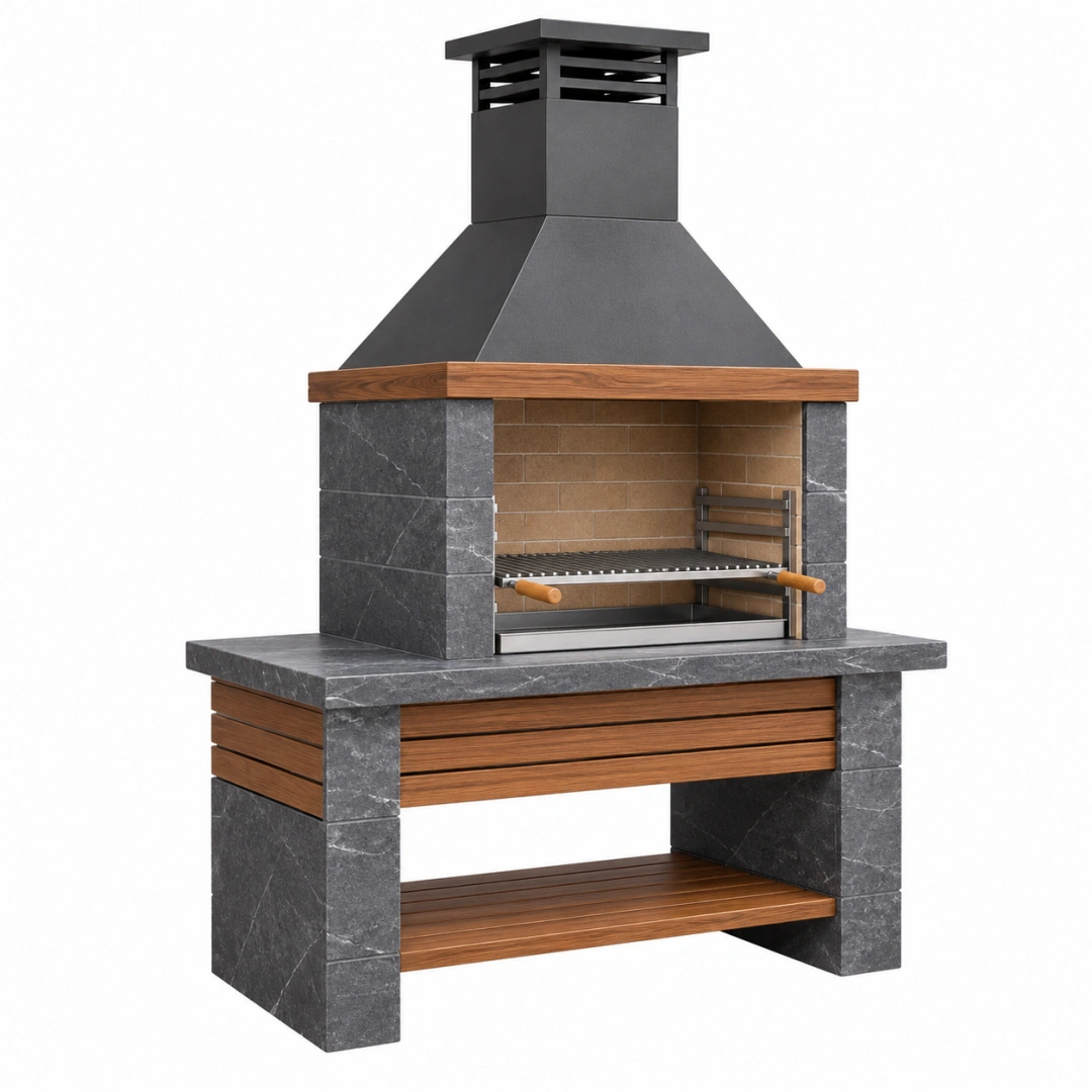Barbacoa de obra 150 cm de piedra gris y madera con chimenea para exterior