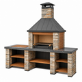 Barbacoa de exterior 220 x 80 x 250 cm de piedra y metal negro con parrilla y estantes