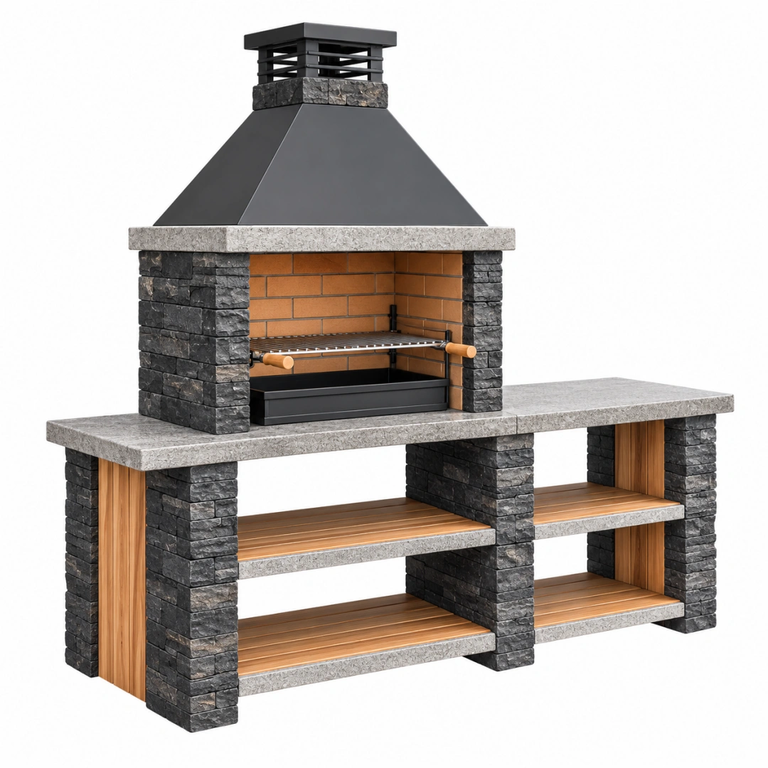 Barbacoa de jardín 200 x 70 x 230 cm de piedra y acero negro con chimenea y estantes